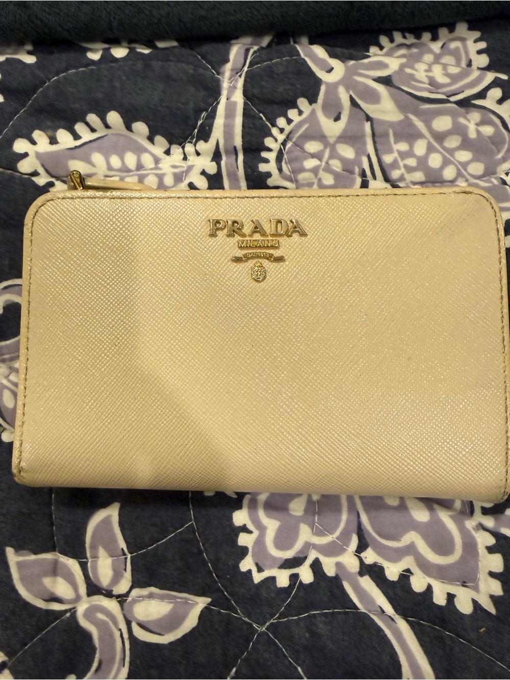 Authentic Prada Cream Saffiano Zip Around Wallet with Gold Logo